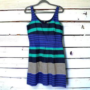 Ann Taylor LOFT Striped Sleeveless Skater Dress Blue Green White Cotton Size 6